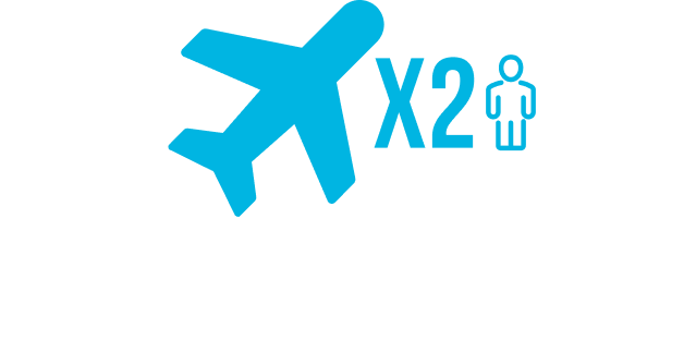 Ícono de avión con texto “X2 personas”, experiencia todo incluido entre México y Estados Unidos